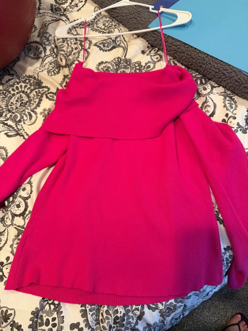 Off-the-Shoulder Ribbed Sweater in Hot Pink